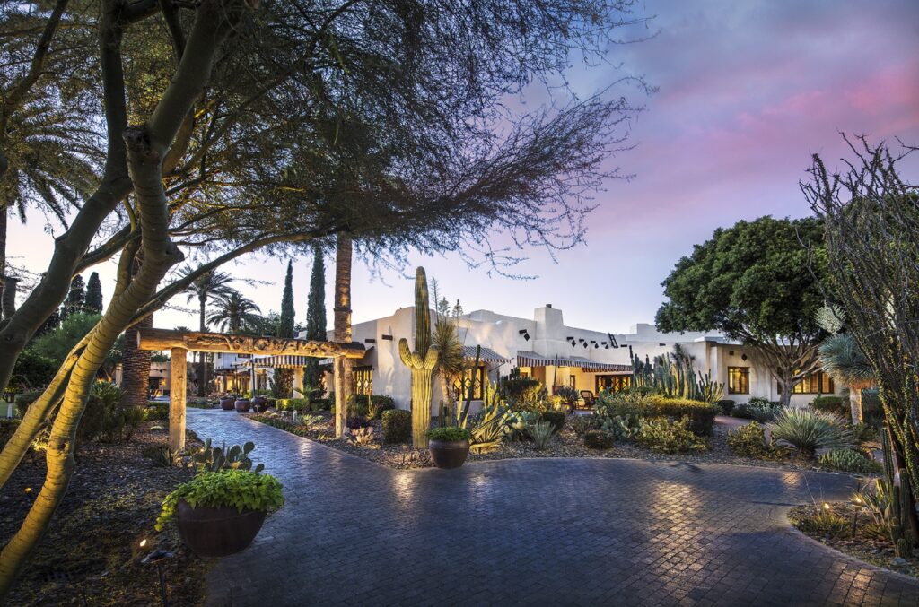 Front entrance of The Wigwam at sunset